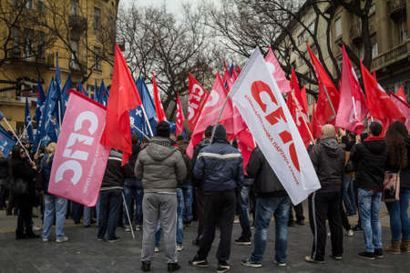SUBOTICA, SERBIA - MARCH 27, 2016: Supporters of the Serbian Socialist part cheering and waiving...