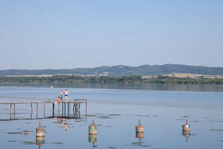 DUBOVAC, SERBIA - AUGUST 3, 2017: young men, serbs, swimming from an Old pontoon on the Danube river during a sunny afternoon, facing a green forest. The Danube is the biggest river on Central Europe. Panorama of the Danube river in Serbia with an old ponのeditorial素材
