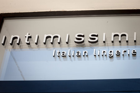 BELGRADE, SERBIA - AUGUST 9, 2020: Logo of Intimissimi on their main shop in Belgrade. Intimissimi is an Italian fashion retail brand selling underwear worldwide.のeditorial素材