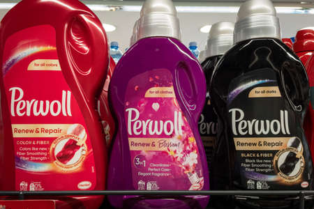 BELGRADE, SERBIA - SEPTEMBER 17, 2020: Logo of Perwoll Laundry detergent on bottles for sale. Part...