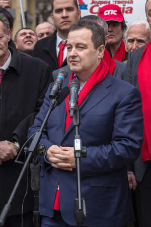 SUBOTICA, SERBIA - MARCH 27, 2016: Ivica Dacic, Serbian Minister of Foreign Affairs & Leader of the Socialist Party of Serbia holds a speech during the campaign for the 2016 parliamentary elections. Picture of Ivica Dacic making a speech in Subotica, Serbのeditorial素材