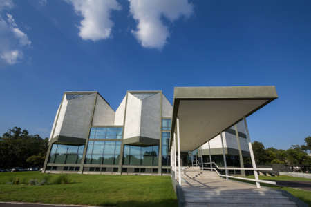 BELGRADE, SERBIA - JULY 20, 2018: Museum of Contemporary Arts of Belgrade during a sunny afternoon. Also known as MSU, or Muzej Savrene Umetnosti, it is a symbol of Brutalist Architecture.のeditorial素材