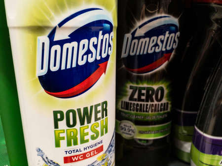 BELGRADE, SERBIA - NOVEMBER 2, 2020: Logo of Domestos detergent on bottles of toilet cleaner for...