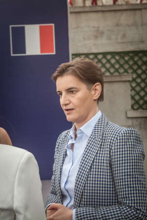 BELGRADE, SERBIA - JULY 12, 2019: Ana Brnabic, Serbian Prime Minister serious discussing at French...