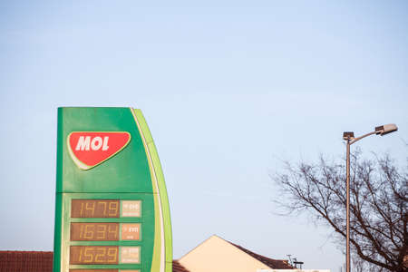 BELGRADE, SERBIA - MARCH 28, 2019: Logo of Mol Group on one of its gas stations of Belgrade. Mol is an Hungarian petroleum and gas company spread all accross Europe.のeditorial素材