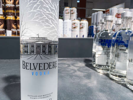 BELGRADE, SERBIA - DECEMBER 13, 2020: Belvedere Vodka logo on some bottles for sale. Belvedere a brand of Polish Vodka produced by the LVMH corporation.のeditorial素材