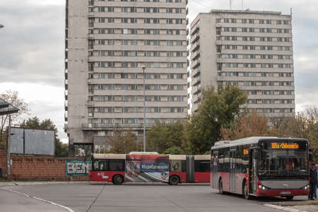 BELGRADE, SERBIA - SEPTEMBER 27, 2020: Bus from Public transportation GSP waiting at a terminal bus stop.のeditorial素材