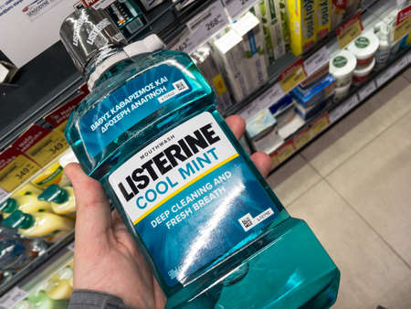 BELGRADE, SERBIA - JANUARY 28, 2021: Listerine Cool Mint logo on bottles for sale. Listerine is a...