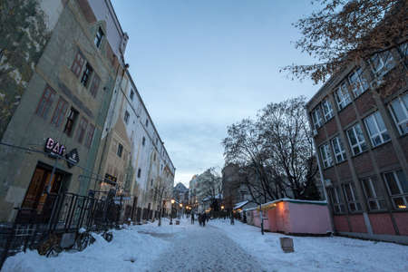 BELGRADE, SERBIA - JANUARY 27, 2019: Skadarlija street (also known as Skadarska) in winter under the...