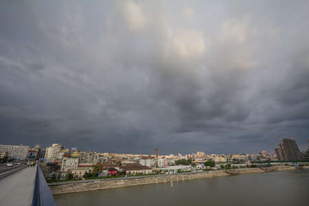 BELGRADE, SERBIA - JULY 19, 2018: View of Sava river bank in Belgrade with Brankov Most bridge on the right and the waterfront district of Savamala in background. Picture of Sava river in Belgrade, capital city of Serbia, with Brankov most bridge crossingのeditorial素材