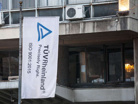 BELGRADE, SERBIA - DECEMBER 20, 2020: TUV Rheinland logo in front of their office certifying norm...