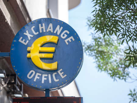 BELGRADE, SERBIA - JUNE 8, 2019: Symbol of the Euro currency on an exchange office in Belgrade, Serbia, exchanging various money for the European unit.のeditorial素材