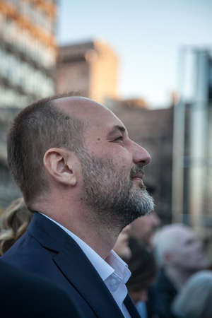 BELGRADE, SERBIA - MARCH 29, 2019: Sasa Jankovic, Democratic pro european candidate for the 2017 Serbian presidential elections standing on a stage during a political rally.のeditorial素材