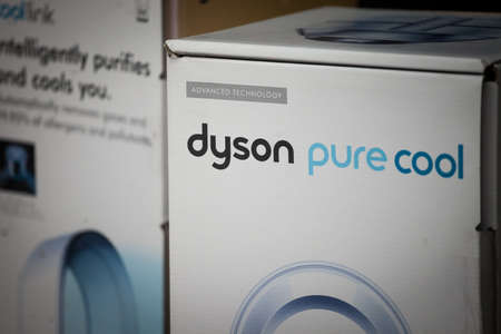 BELGRADE, SERBIA - MAY 3, 2021: Selective blur a Dyson logo on a pure cool vacuum cleaner. Dyson is...