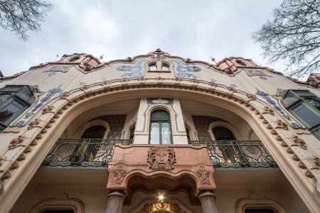 Main facade of Ferenc Raichle palace also called Rajhl Palata in Subotica, Serbia. Built in 1904, it is a landmark of Szabadka and a symbol of Art Nouveau Secession architecture.のeditorial素材