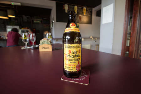 BELGRADE, SERBIA - JUNE 15, 2019: aecht schlenkerla rauchbier marzen logo on their bottle. This rauchbier is an iconic smoked beer produced by the brewery Schlenkerla in Bamberg, Franconia, Germany.のeditorial素材