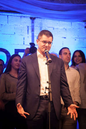 BELGRADE, SERBIA - MARCH 20, 2017: Selective blur on Vuk Jeremic, Democratic center right candidate for the 2017 Serbian presidential elections having a speech with supporters.のeditorial素材