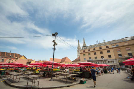 ZAGREB, CROATIA - JUNE 20, 2021: Trznica Dolac Market with its red umbrellas. Dolac is the main farmers market of the Gornji grad district of the city center of the croatian capital.のeditorial素材
