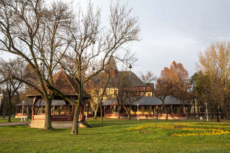 Panorama of Palic Lake, or Palicko Jezero, in Palic, Serbia, with the Velika Terasa, or Grand Terrace main building in the background. it is one of the main attractions of Vojvodina province.のeditorial素材