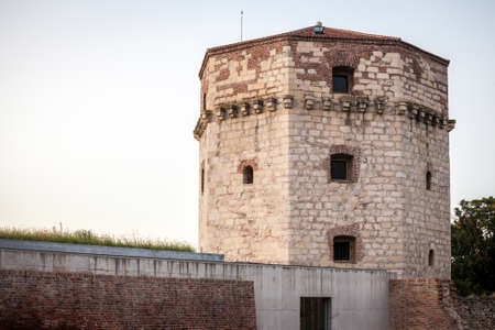 Panorama of Nebojsa Kula during a sunset. Also called Nebojsa tower, it's a former dungeons and a remaining of Donji grad, the lower city of the fortress of Kalemegdan in Belgrade, Serbia.のeditorial素材