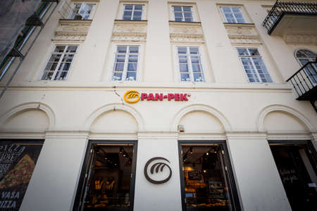 ZAGREB, CROATIA - JUNE 19, 2021: Pan Pek logo in front of a bakery of its brand in Zagreb. Pan-Pek...