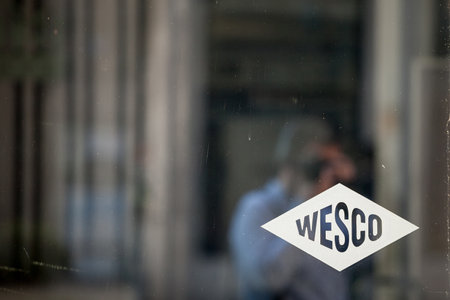 BELGRADE, SERBIA - MAY 8, 2021: Logo of Wesco Bins on their main retailer for belgrade. Wesco, or Westermann & Co, is a german manufacturer of garbage bins and waste management furniture.のeditorial素材