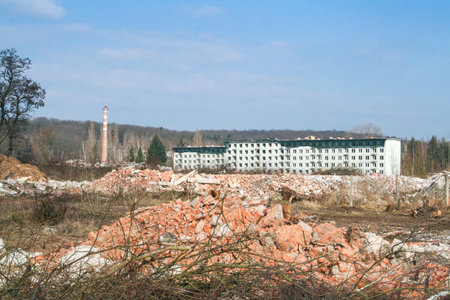 Panorama of the housing communist buildings of Milovice Bozi Dar, Czechia, being destroyed, Milovice Bozi Dar was an abandoned soviet military base in Czechoslovakia.のeditorial素材