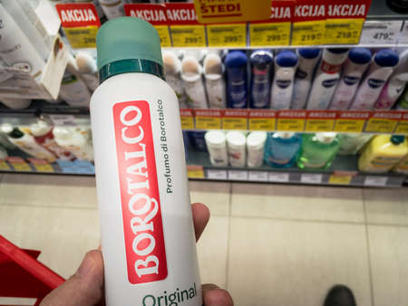 BELGRADE, SERBIA - JULY 20, 2021: Borotalco logo on a spray of deodorant for sale in Belgrade....