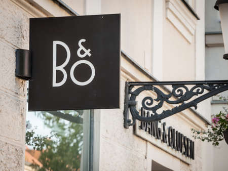 LJUBLJANA, SLOVENIA - JUNE 14, 2021: Bang and Olfusen logo on their local boutique in Ljubljana. Band and Olufsen, or B&O, is a Danish luxury sound system manufacturer.のeditorial素材