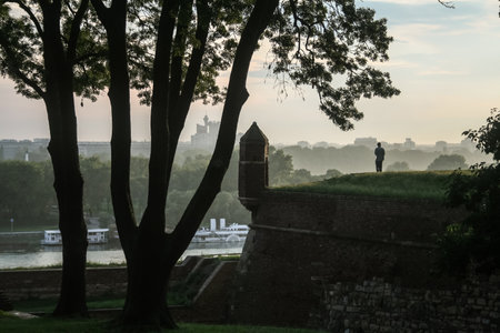 BELGRADE, SERBIA - JULY 28, 2014: Selective blur on tourists and local people over the panorama of the confluence (Usce) of the rivers Sava and Danube, or Dunav from Kalemegdan park, Belgrade Fortress.のeditorial素材
