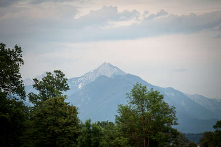 Panorama of the Hochstuhl mount, also called Veliki Stol vrh, between Slovenia and Austria, during a...