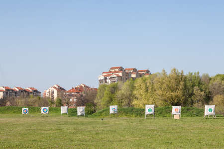 Archery target, also called bullseye target, in an archers field, used for practicing archery,...