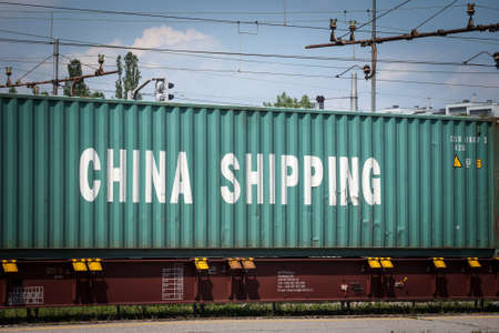 LJUBLJANA, SLOVENIA - JUNE 17, 2021: Logo of China Shipping Group on a container on a freight train. China Shipping is a container shipping and cargo transportation carrier company.のeditorial素材