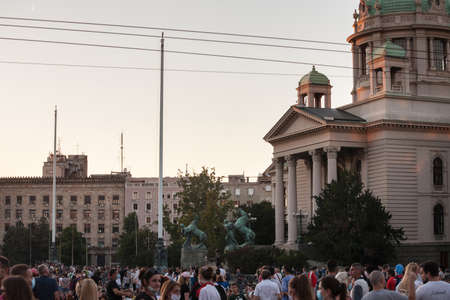 BELGRADE, SERBIA - JULY 9, 2020: Anti Covid 19 restrictions protesters in front of Serbian parliament in belgrade during the anti vucic and curfew demonstrations of July 2020.のeditorial素材