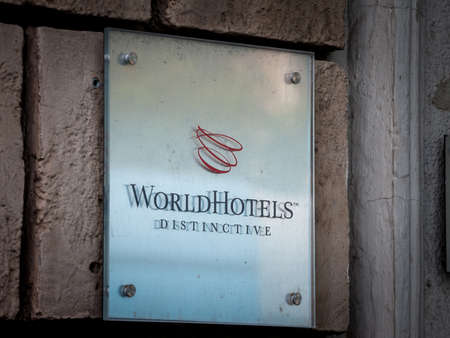 ZAGREB, CROATIA - JUNE 19, 2021: Worldhotels distinctive logo on one of their hotels in Zagreb. Worldhotels is a Germain chain of independent hotels spread in Europe.のeditorial素材
