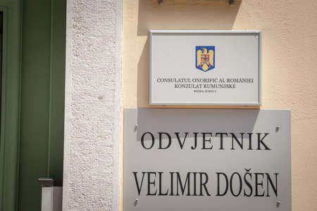 RIJEKA, CROATIA - JUNE 18, 2021: Sign indicating the Romanian consulate of Rijeka, It is the...