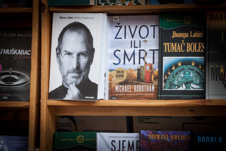 ZAGREB, CROATIA - JUNE 18, 2021: Selective blur on the biography of steve jobs by Walter Isaacson, counting the life of Steve Job, former founder of Apple and an icon of technology and computing.のeditorial素材