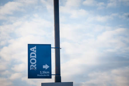 BELGRADE, SERBIA - FEBRUARY 20, 2021: Logo of roda on a sign indicating one of their stores. Roda, part of Mercator Agrokor, is a retail brand of Serbian supermarkets specialized in mass market retailing.のeditorial素材