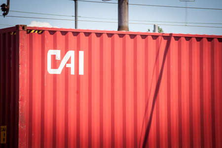 LJUBLJANA, SLOVENIA - JUNE 16, 2021: Logo of CAI Containers on a container on a freight train. CAI  is an American container shipping and cargo transportation carrier company owned by Mitsubishi.のeditorial素材
