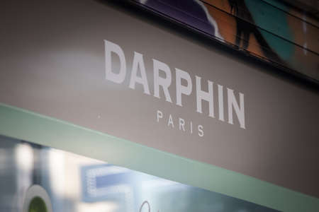 BELGRADE, SERBIA - JUNE 26, 2021: Selective blur on a Darphin logo in front of their local retailer in Belgrade. Laboratoires Darphin is a French cosmetics and beauty products spread in the world.のeditorial素材