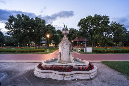 17th century water fountain of the Palic Lake, in Subotica, Serbia during a summer sunset in front of velika terasa. Also known as Palicko Jezero, it is one of the main attractions of Vojvodina province.のeditorial素材