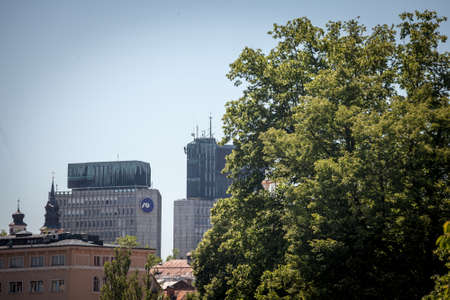 LJUBLJANA, SLOVENIA - JUNE 14, 2021: NLB Bank Group logo on their main office for Ljubljana on Cankarjev trg. NLB Group, formerly Ljubljanska Banka, is a Slovenian bank & financial services group.のeditorial素材