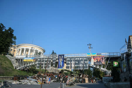 KYIV, UKRAINE - AUGUST 5, 2014: Euromaidan barricade on Heroyiv Nebesnoyi Sotni during the...