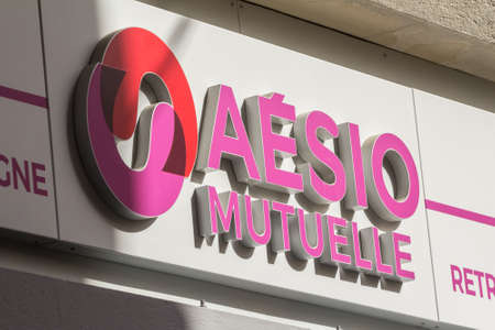 BORDEAUX, FRANCE - FEBRUARY 21, 2022: Aesio Mutuelle logo on their office for Bordeaux. Aesio is a French Mutual insurance specialized in coop healthcare and individual protection.のeditorial素材