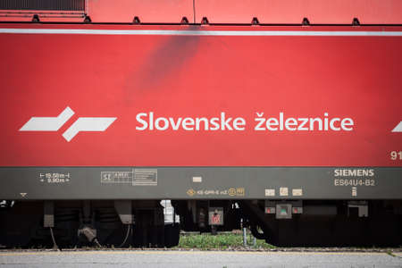 LJUBLJANA, SLOVENIA - JUNE 16, 2021: Slovenian Railways (Slovenske Zeleznice, or SZ) logo on electric locomotive Series 541, Siemens Taurus, shunting on Ljubljana train station platform.のeditorial素材