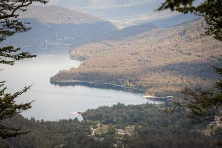 Selective blur on an aerial Panorama of Lake Bohinj, also called bohinjsko jezero, on a sunny...