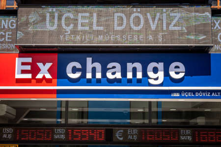 ISTANBUL, TURKEY - MAY 21, 2022: Exchange office in downtown istanbul, also called Doviz Burosu,...