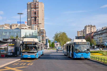 NOVI SAD, SERBIA - MAY 1, 2022: Selective blur on a Novi Sad bus waiting in line in the train...