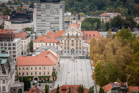 LJUBLJANA, SLOVENIA - SEPTEMBER 15, 2021: Panoramic view of Downtown Ljubljana, Slovenia taken from above during a cloudy grey sky afternoon with a focus on Kongresni Trg, or Congress Square.のeditorial素材