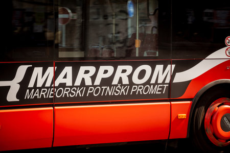 MARIBOR, SLOVENIA - JUNE 16, 2021: Speed blur Marprom logo on an urban bus in Maribor. Marprom, or...